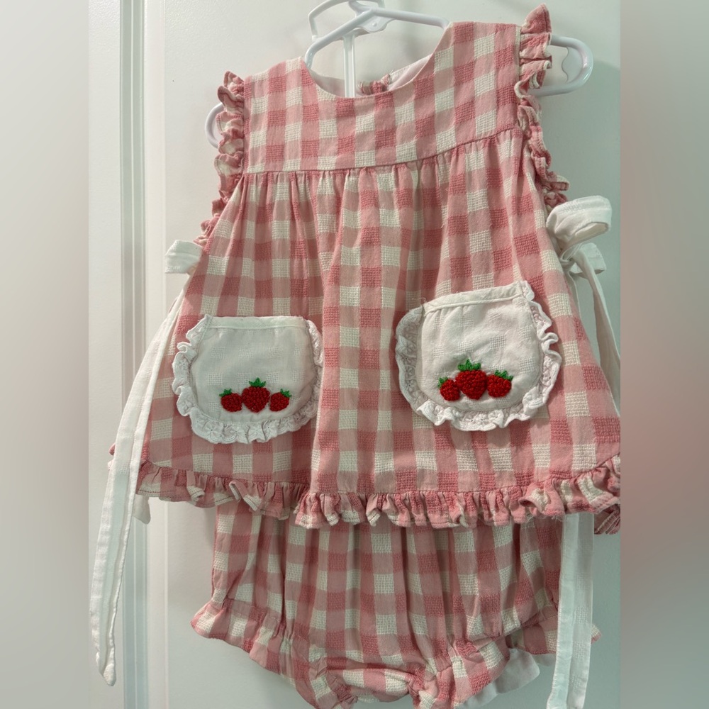 Sugar Dumplin French Knot Strawberry Gingham Apron Bloomer Set | Size 3T